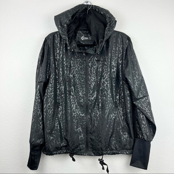 ZYIA Black Leopard Hooded Bomber Jacket Windbreaker Full Zip Pockets, Size M - Picture 3 of 8